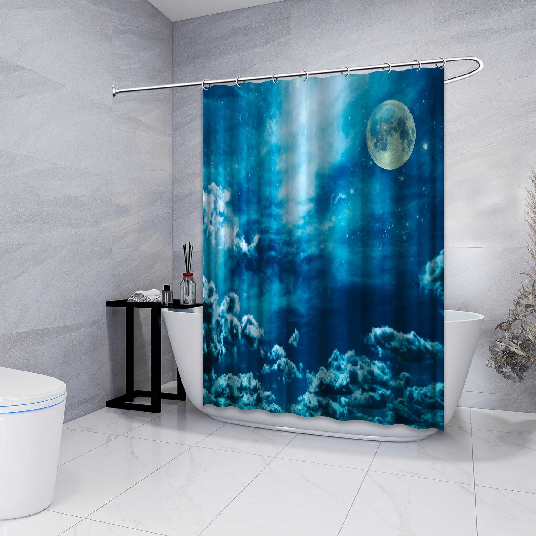 Magic Sky Stars and Moon Night Sky Landscape Showers Curtain for Dreamy Bathroom Decor