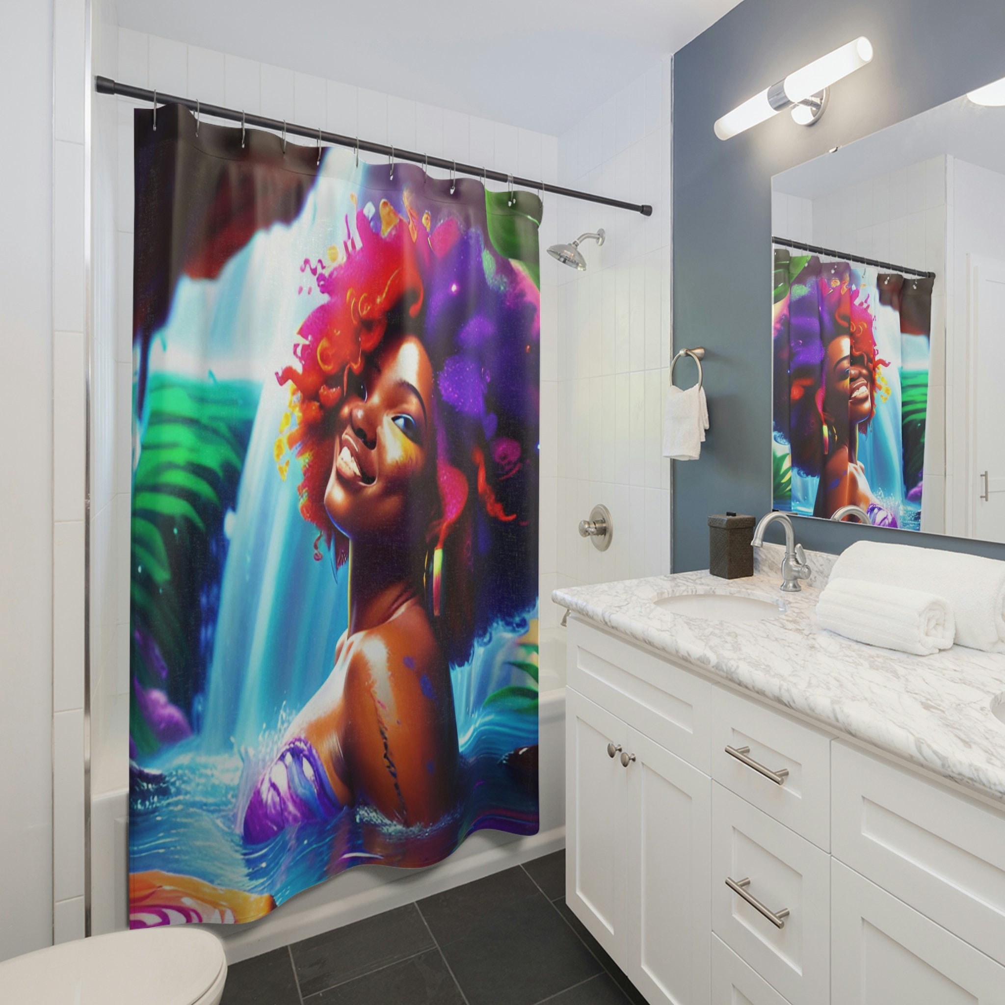 Magical Afro Waterfall Shower Curtain, African American Bathroom Decor - Image 2