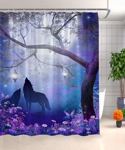 Magical Forest Wolf Print Shower Curtain with Purple Misty Forest Print for a mystical and waterproof bathroom
