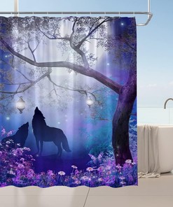 Magical Forest Wolf Print Shower Curtain with Purple Misty Forest Print for a mystical and waterproof bathroom