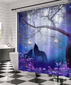 Magical Forest Wolf Print Shower Curtain with Purple Misty Forest Print for a mystical and waterproof bathroom 