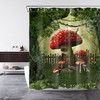 Magical Green Forest Mushroom House Shower Curtain, Fairy Tale Bathroom Decor With Nature Print