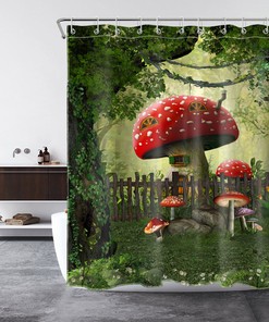 Magical Green Forest Mushroom House Shower Curtain, Fairy Tale Bathroom Decor With Nature Print