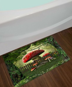 Magical Green Forest Mushroom House Shower Curtain, Fairy Tale Bathroom Decor With Nature Print