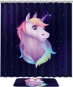 Magical Pink Fairy Unicorn Shower Curtain with Starry Night Sky Design