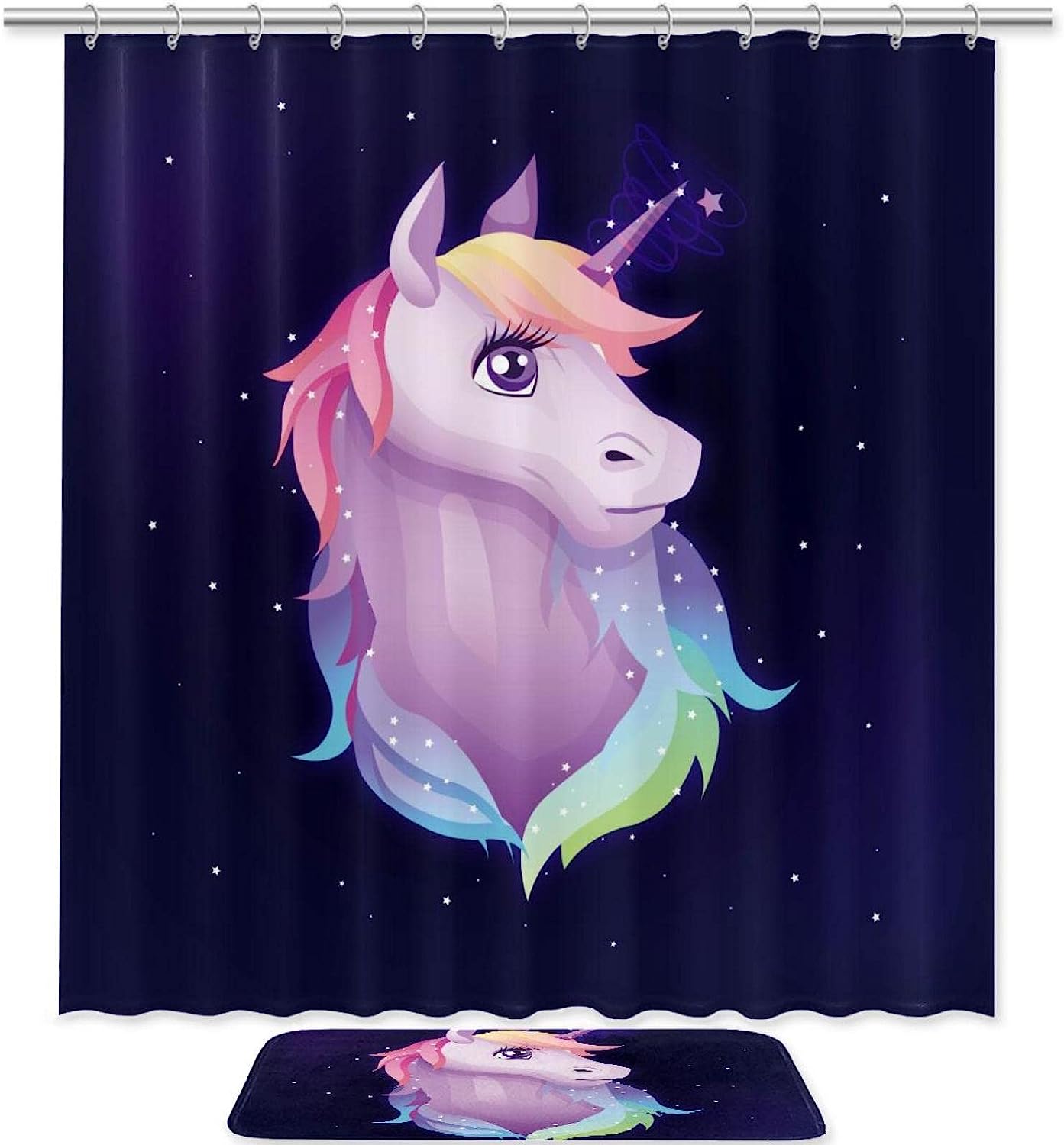 Magical Pink Fairy Unicorn Shower Curtain with Starry Night Sky Design
