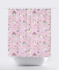 Magical Pink Fairy Wing Unicorn Shower Curtain for Girl's Bathroom Decor