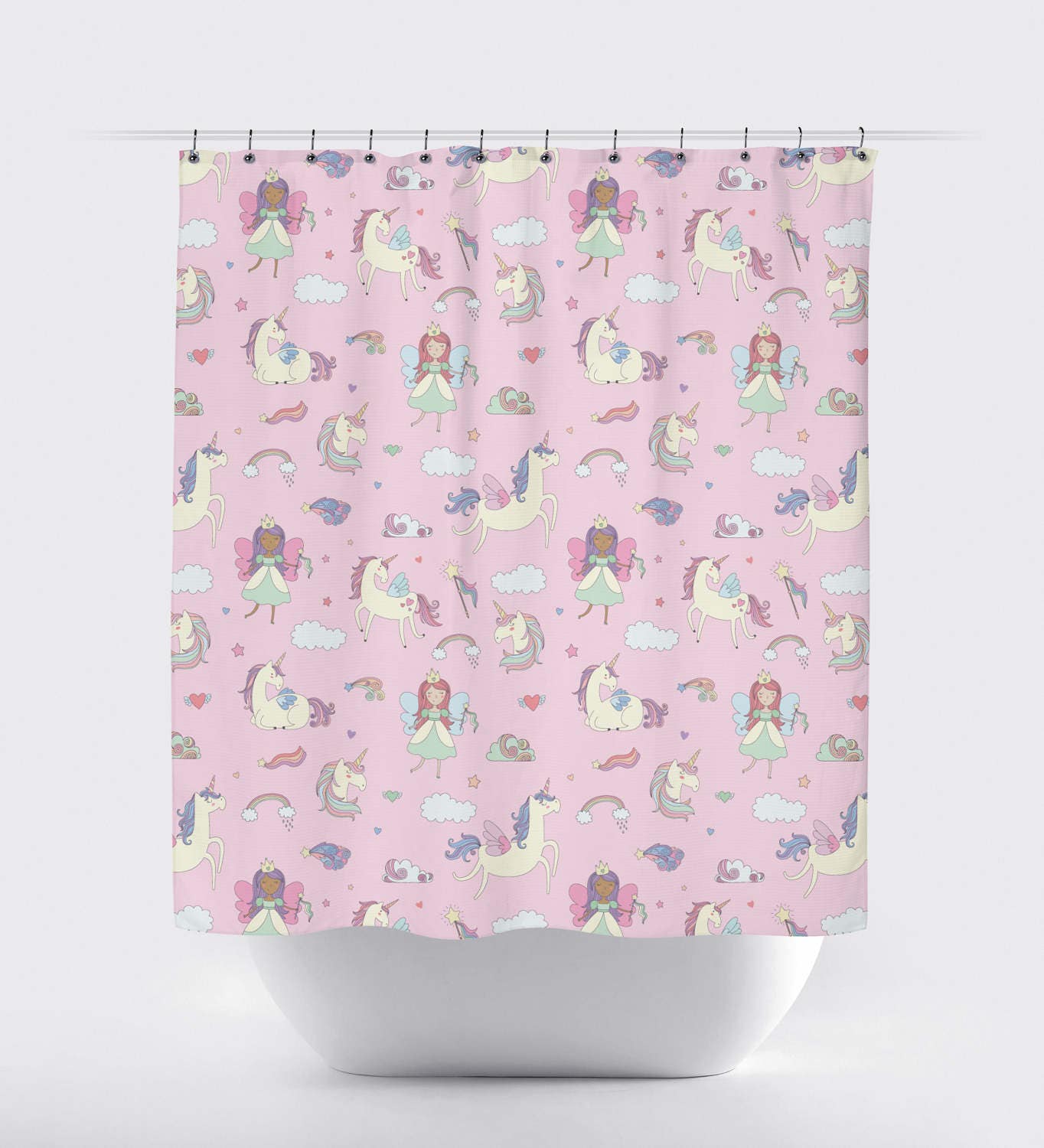 Magical Pink Fairy Wing Unicorn Shower Curtain for Girl's Bathroom Decor