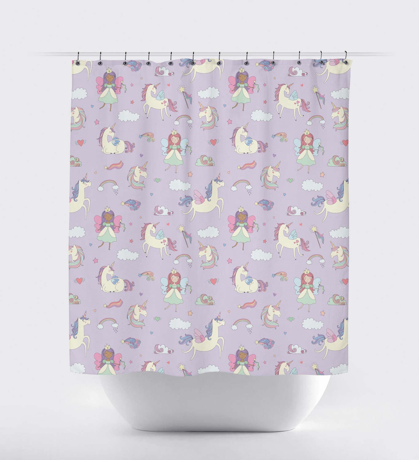 Magical Pink Fairy Wing Unicorn Shower Curtain for Girl's Bathroom Decor