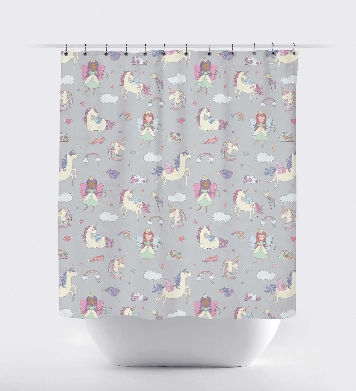 Magical Pink Fairy Wing Unicorn Shower Curtain for Girl's Bathroom Decor