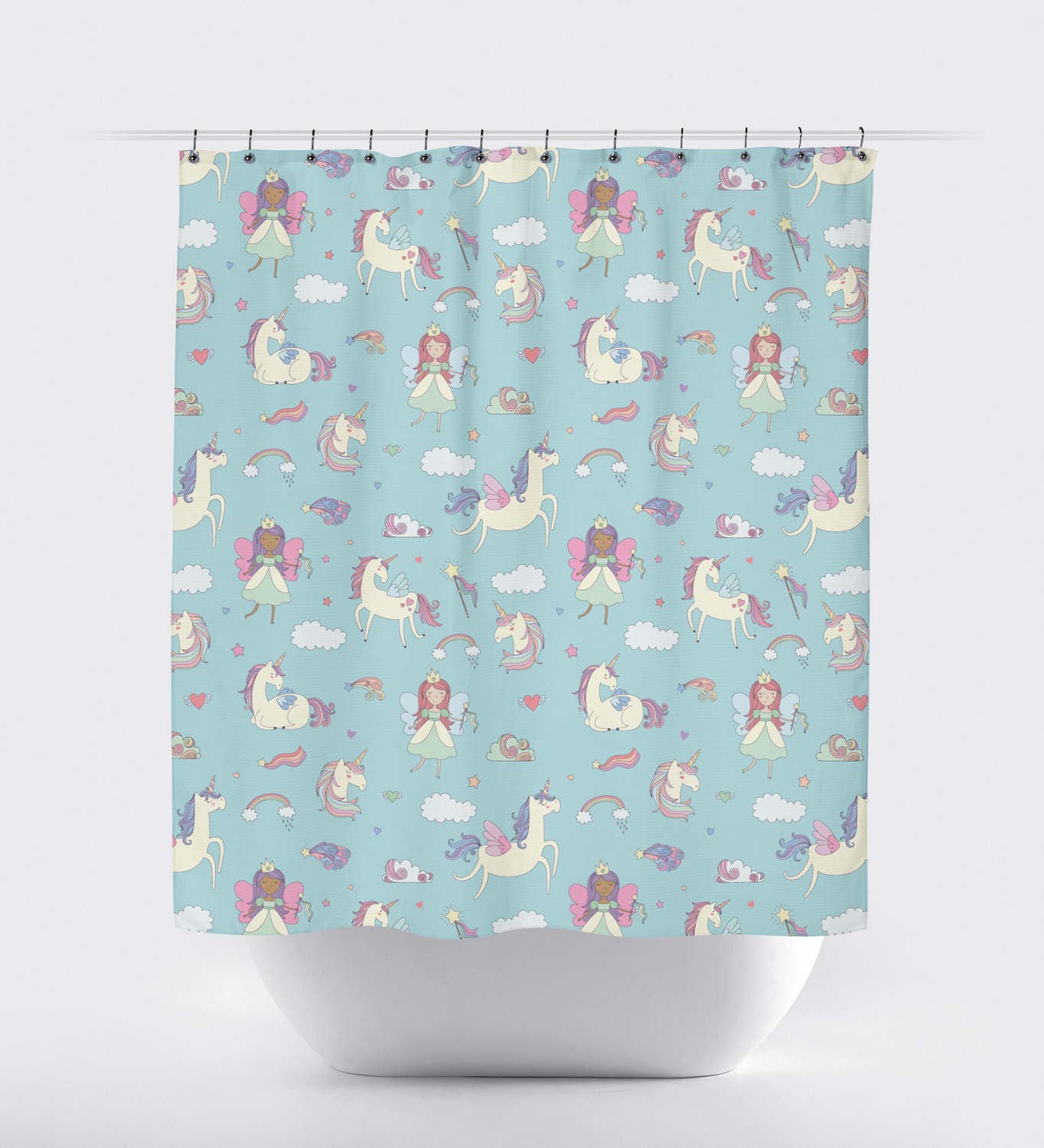 Magical Pink Fairy Wing Unicorn Shower Curtain for Girl's Bathroom Decor