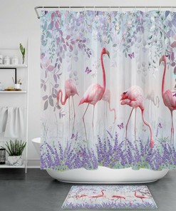 Magical Pink Flamingo and Purple Lavender Plant Butterfly Shower Curtain for Dreamy Bathroom