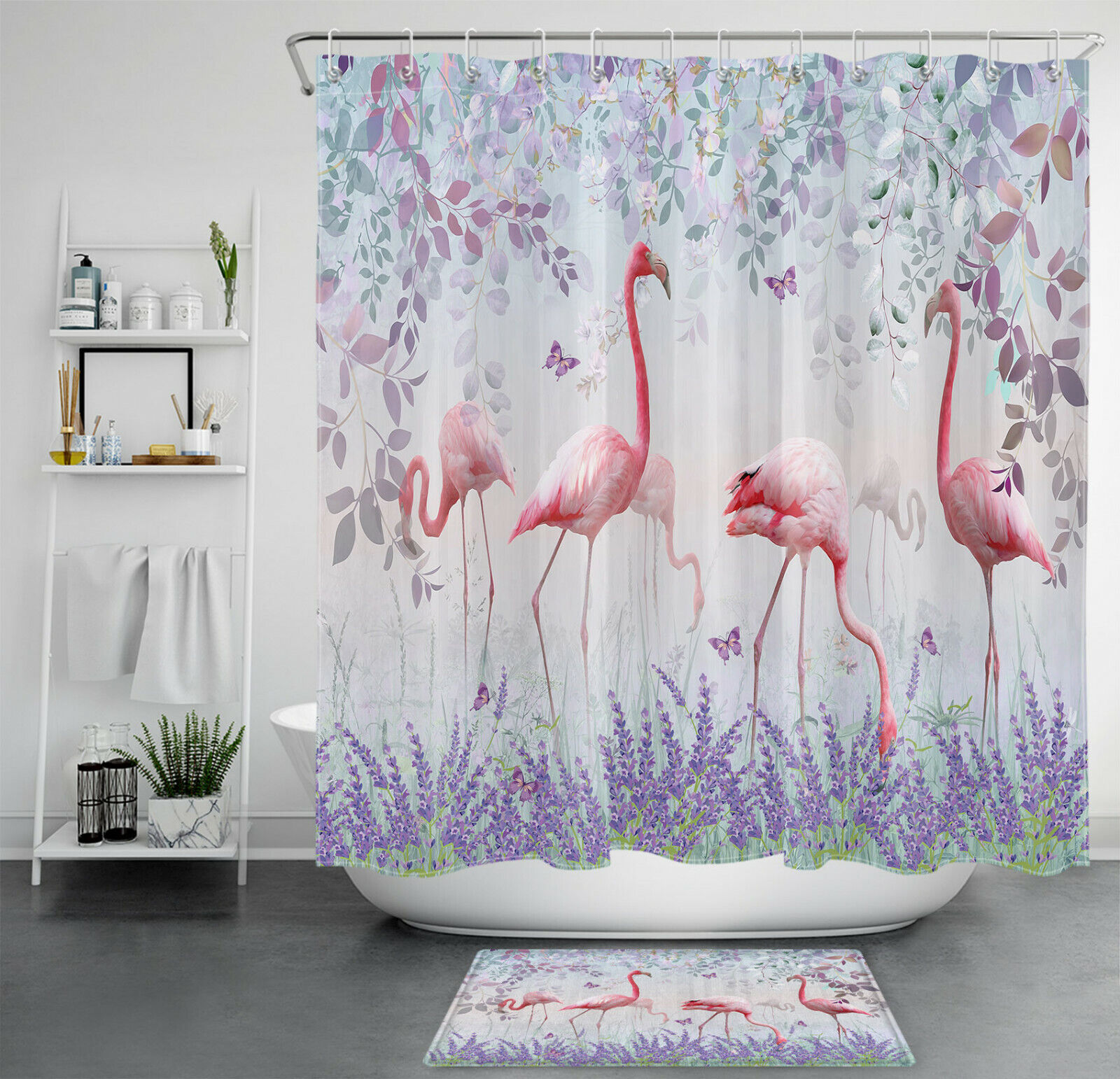 Magical Pink Flamingo and Purple Lavender Plant Butterfly Shower Curtain for Dreamy Bathroom