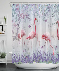 Magical Pink Flamingo and Purple Lavender Plant Butterfly Shower Curtain for Dreamy Bathroom