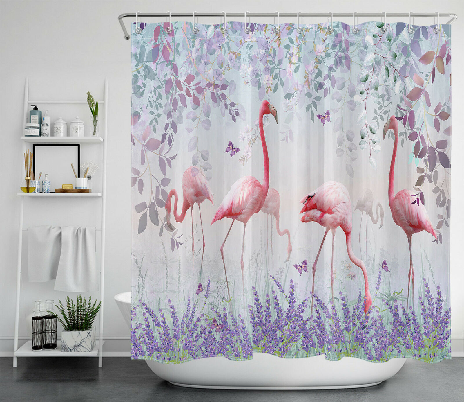 Magical Pink Flamingo and Purple Lavender Plant Butterfly Shower Curtain for Dreamy Bathroom