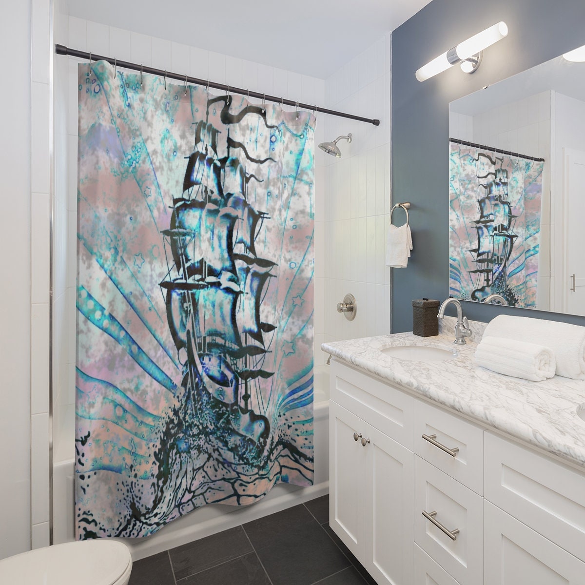 Magical Pirate Ship Shower Curtain with Sea and Adventure Theme