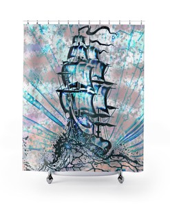Magical Pirate Ship Shower Curtain with Sea and Adventure Theme