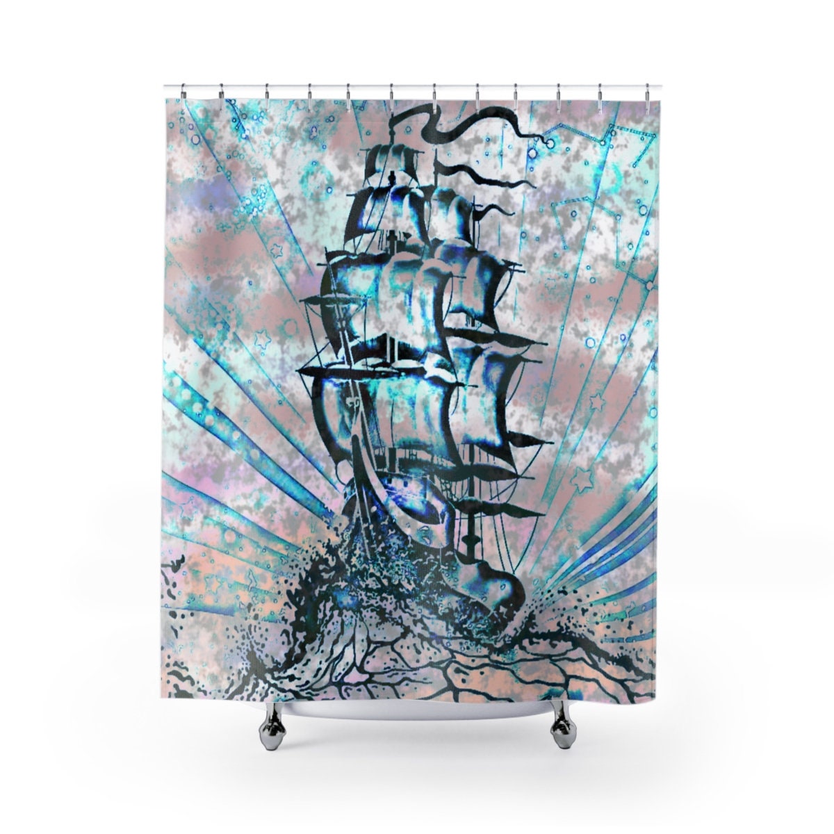Magical Pirate Ship Shower Curtain with Sea and Adventure Theme
