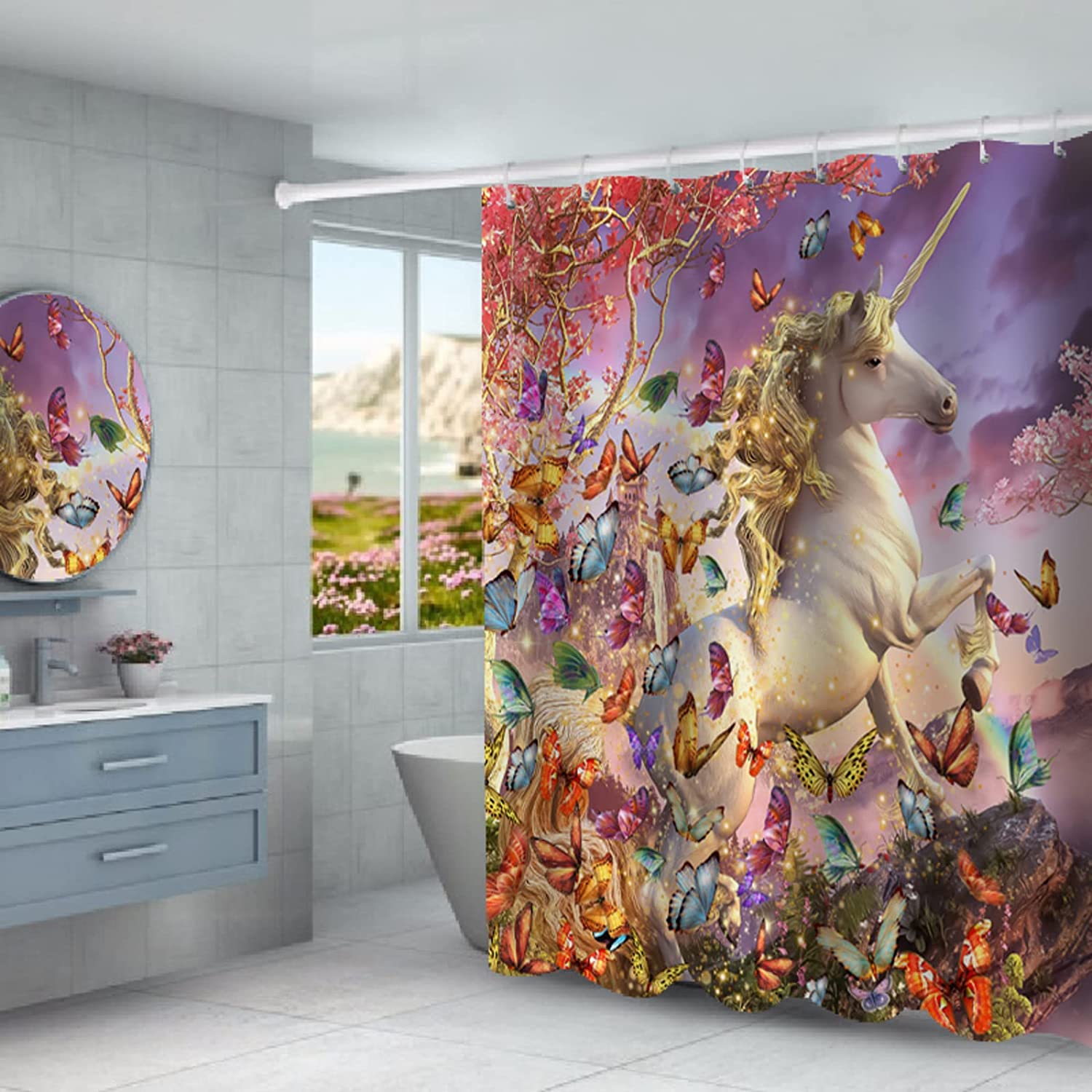 Magical Unicorn Under Starry Sky Shower Curtain - Enchanting Bathroom Decor