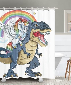 Magical Unicorn and Dinosaur Shower Curtain Set, Kids Bathroom Decor with Fantasy Elements 