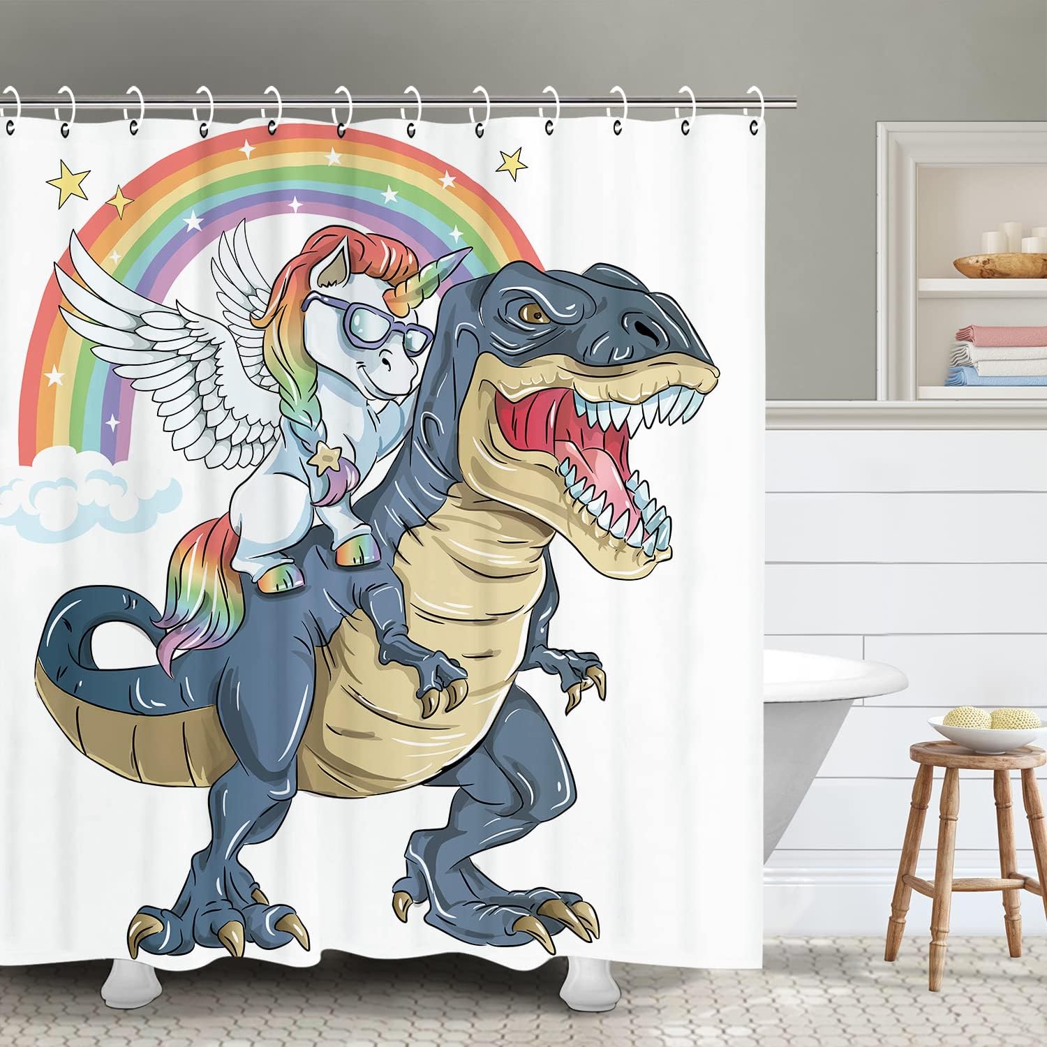Magical Unicorn and Dinosaur Shower Curtain Set, Kids Bathroom Decor with Fantasy Elements