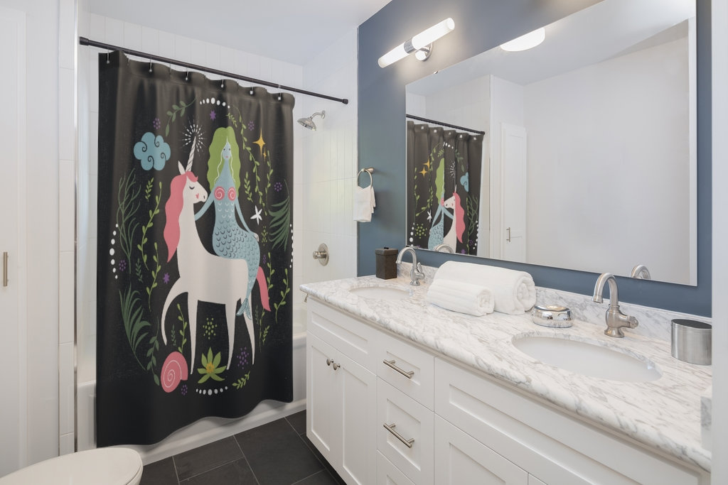 Magical Unicorn and Mermaid Shower Curtain for Kids Bathroom Decor