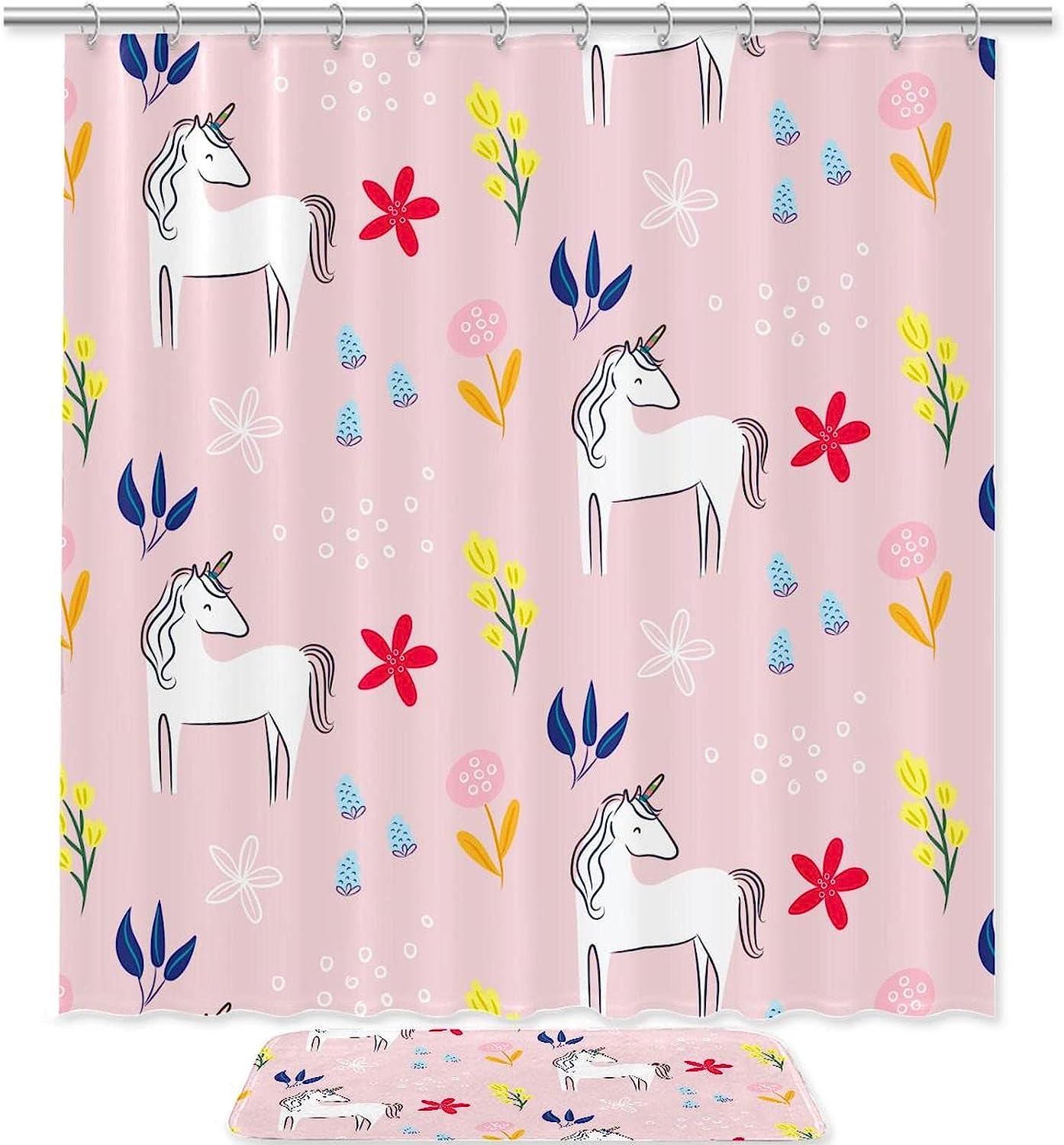 Magical Unicorn and Plant Shower Curtain for Kid's Bathroom Decor