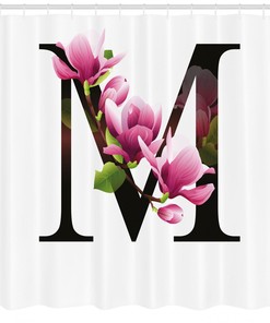 Magnolia Floral Print Shower Curtain with Letter M Design for Chic Bathroom Decor