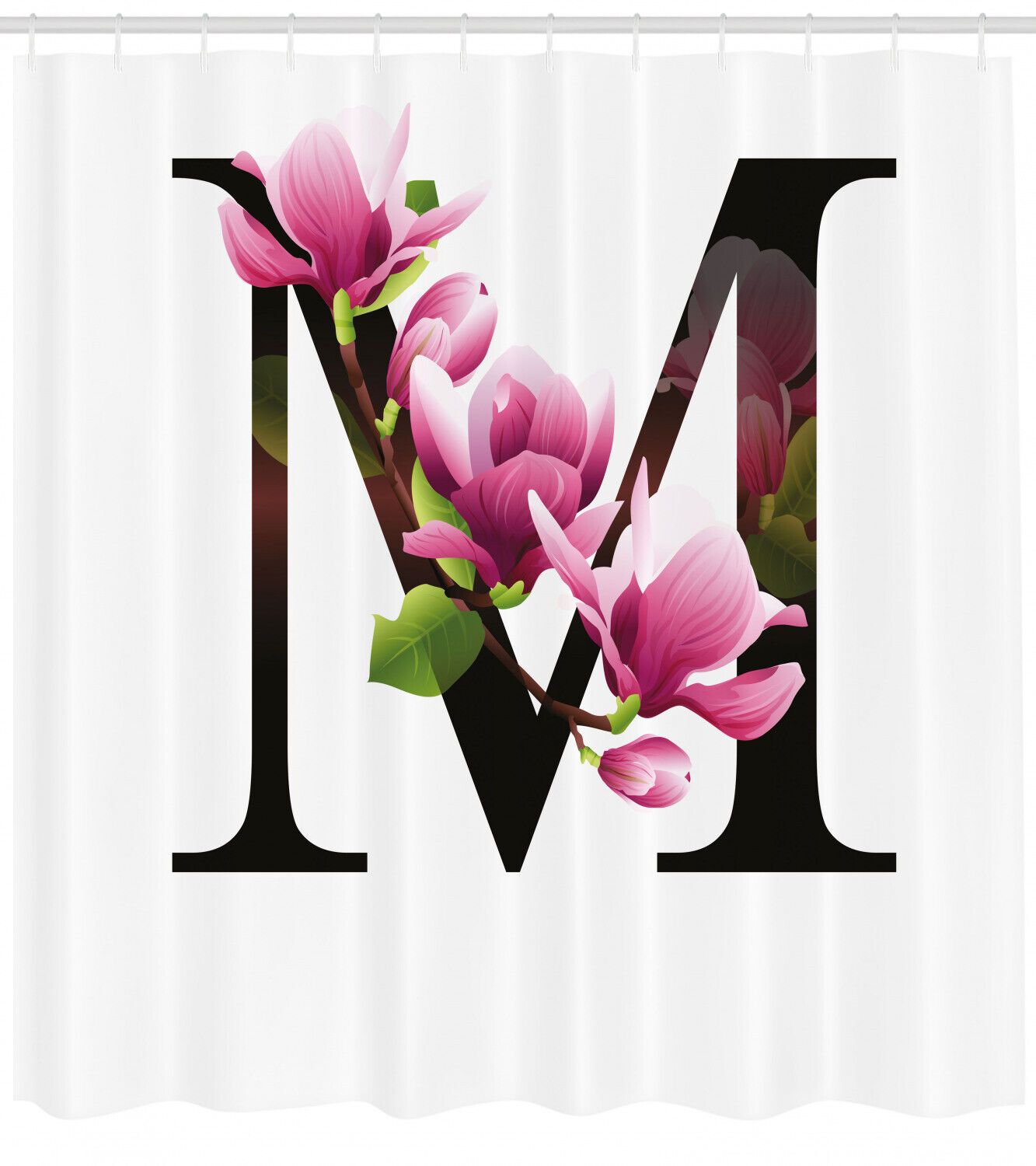 Magnolia Floral Print Shower Curtain with Letter M Design for Chic Bathroom Decor