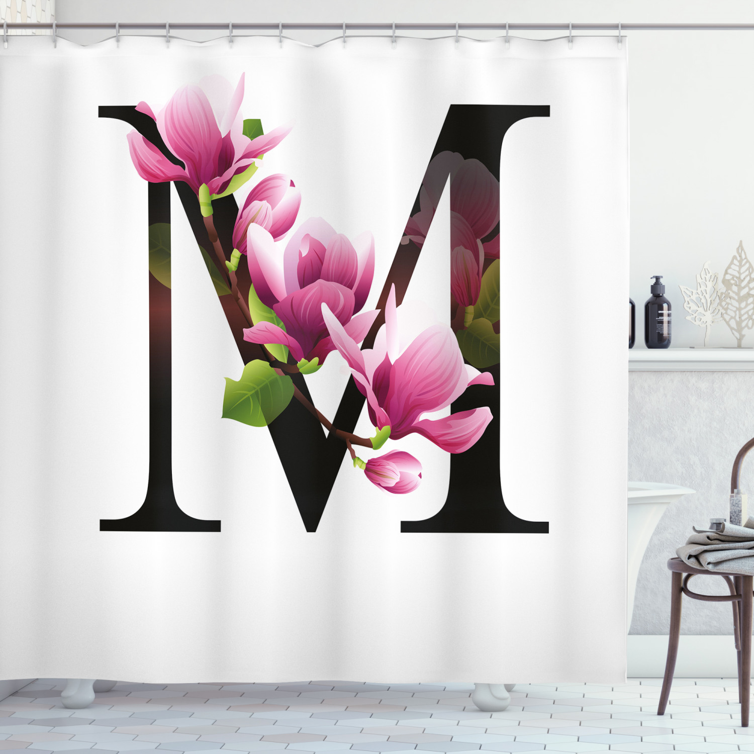 Magnolia Floral Print Shower Curtain with Letter M Design for Chic Bathroom Decor