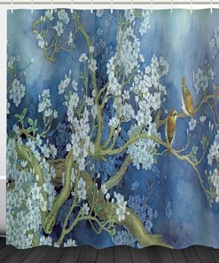 Magnolia Flower and Birds Design Waterproof Fabric Shower Curtain