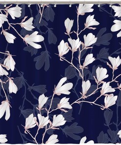 Magnolia Flowers on Navy Blue Background Shower Curtain - Farmhouse Country Bathroom Accessory
