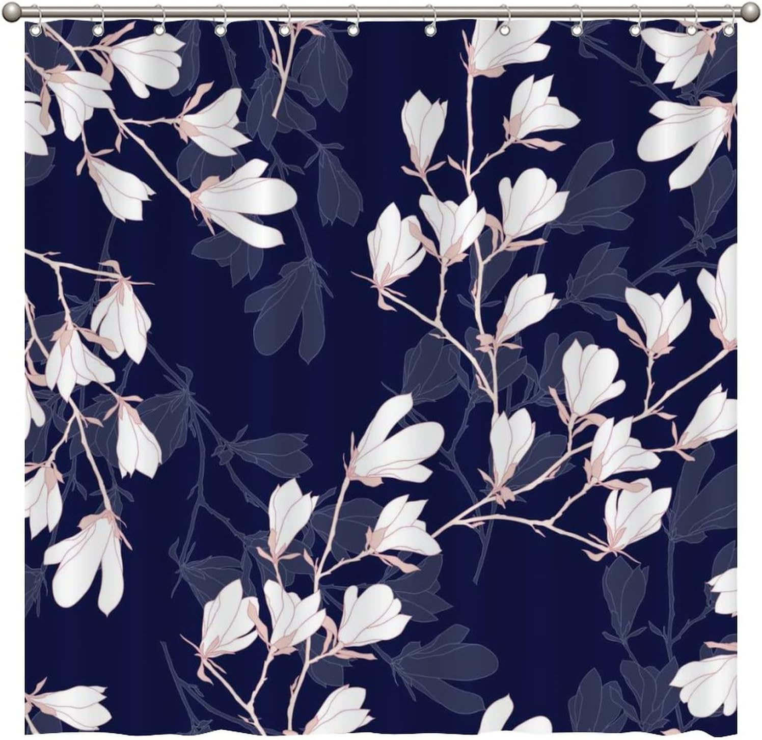 Magnolia Flowers on Navy Blue Background Shower Curtain - Farmhouse Country Bathroom Accessory