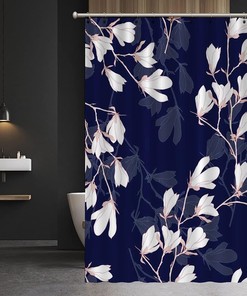 Magnolia Flowers on Navy Blue Background Shower Curtain - Farmhouse Country Bathroom Accessory