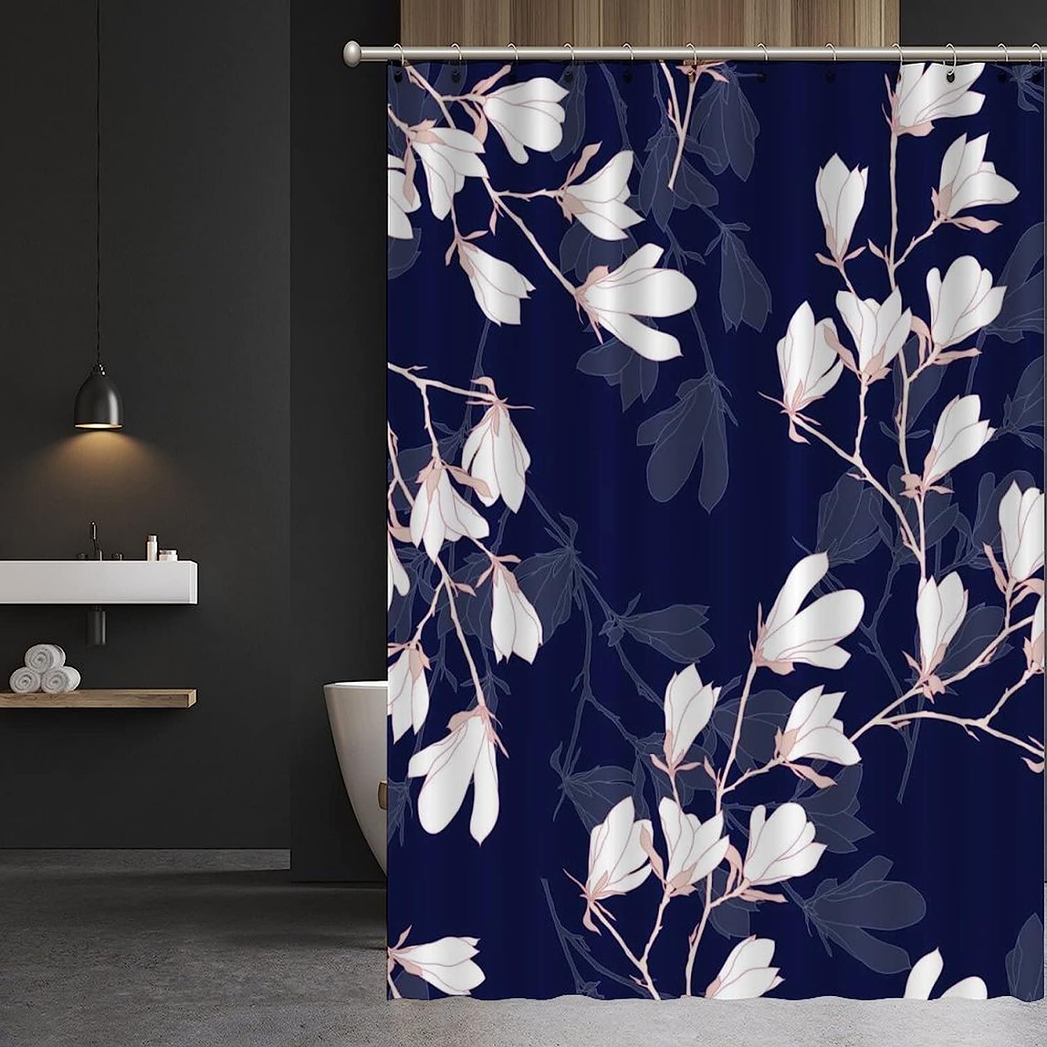 Magnolia Flowers on Navy Blue Background Shower Curtain - Farmhouse Country Bathroom Accessory