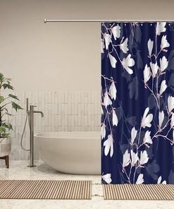Magnolia Flowers on Navy Blue Background Shower Curtain - Farmhouse Country Bathroom Accessory