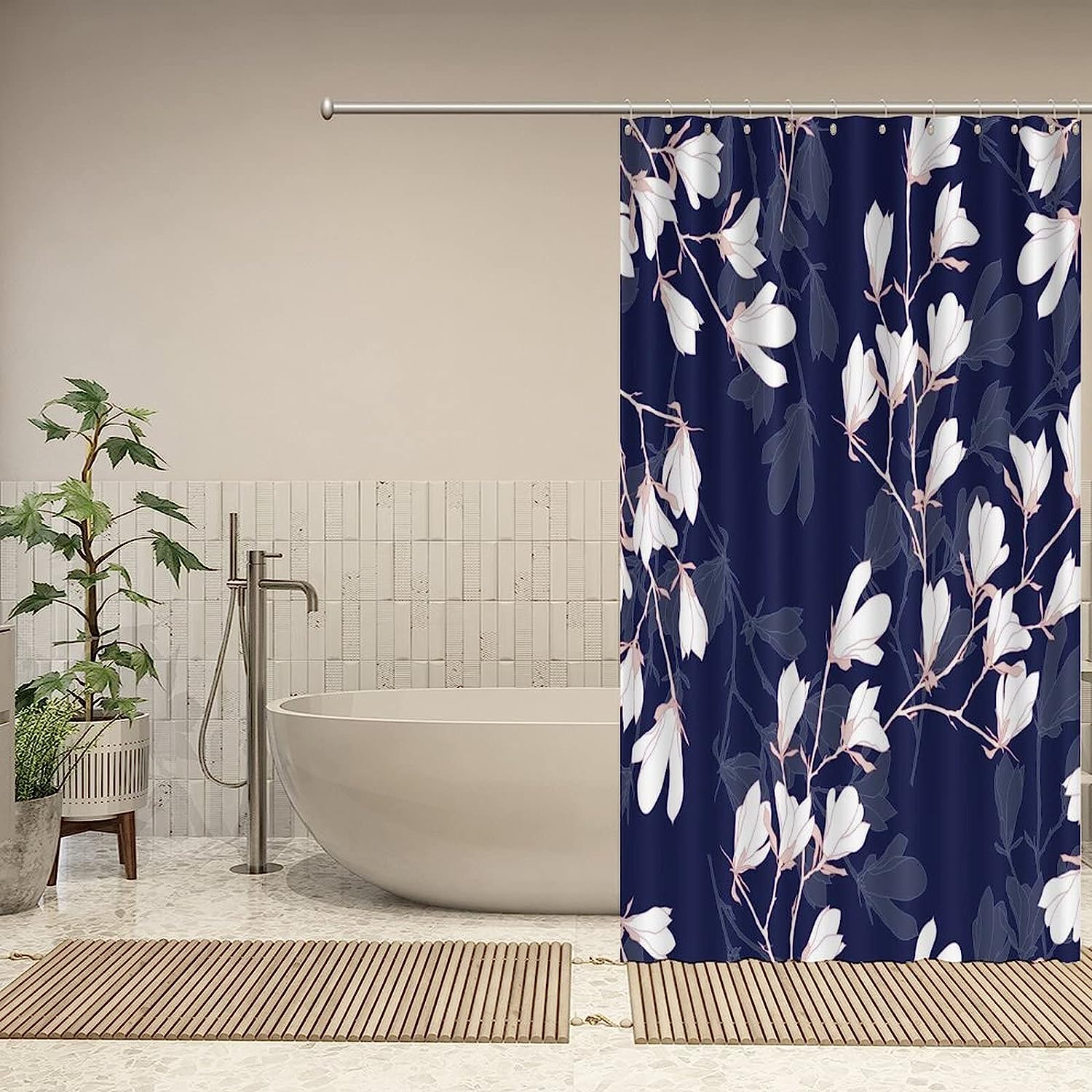 Magnolia Flowers on Navy Blue Background Shower Curtain - Farmhouse Country Bathroom Accessory