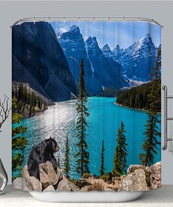 Majestic Black Bear Resting Shower Curtain With Wildlife Print For Rustic Bathroom Decor