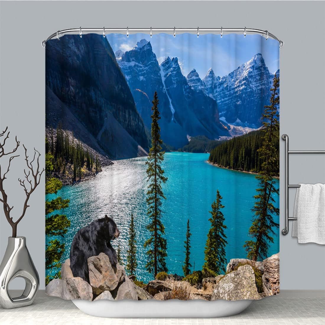 Majestic Black Bear Resting Shower Curtain With Wildlife Print For Rustic Bathroom Decor
