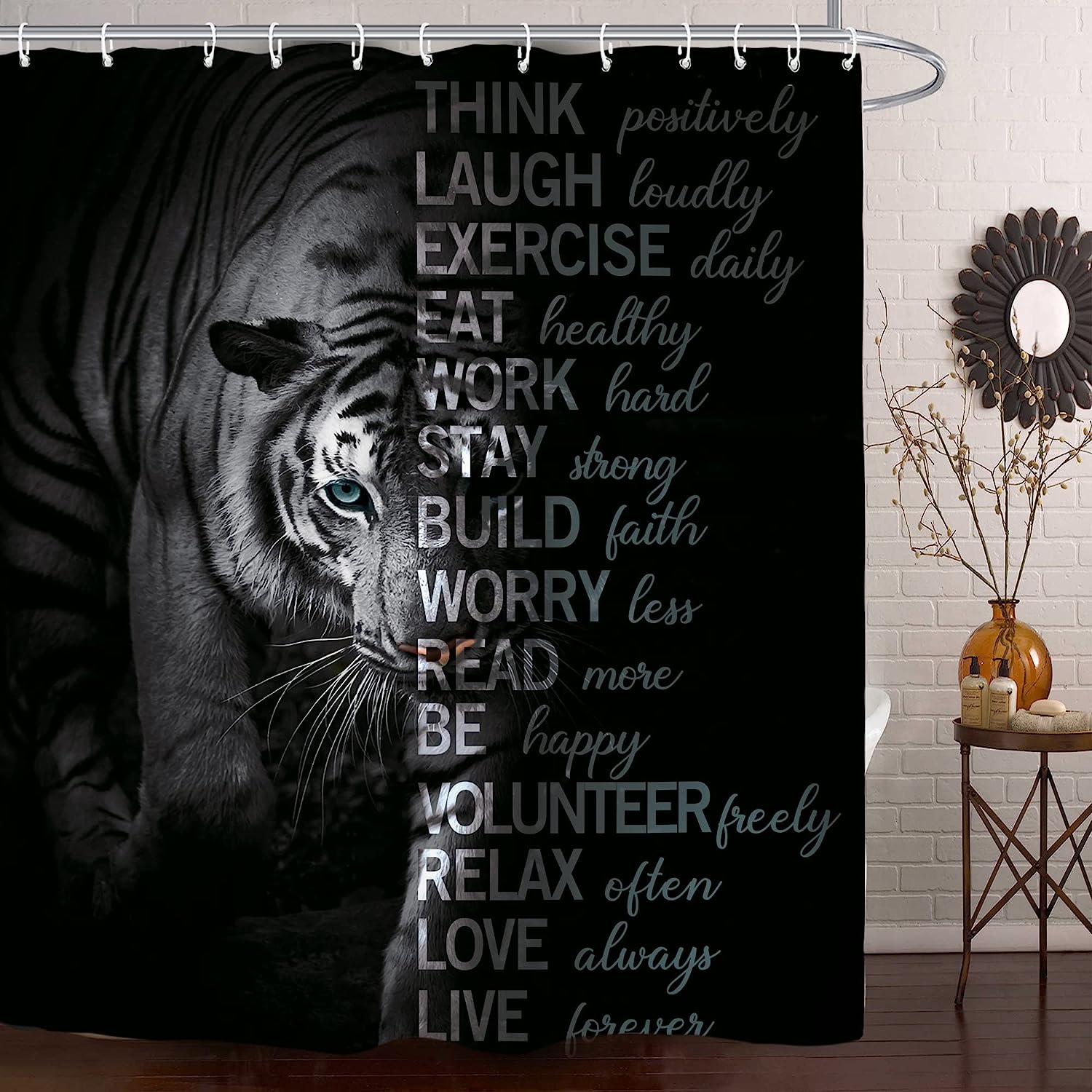 Majestic Black Tiger Motivational Quotes Shower Curtain for Inspiration