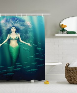 Majestic Mermaid and Sunfish Shower Curtain with Underwater World Print 