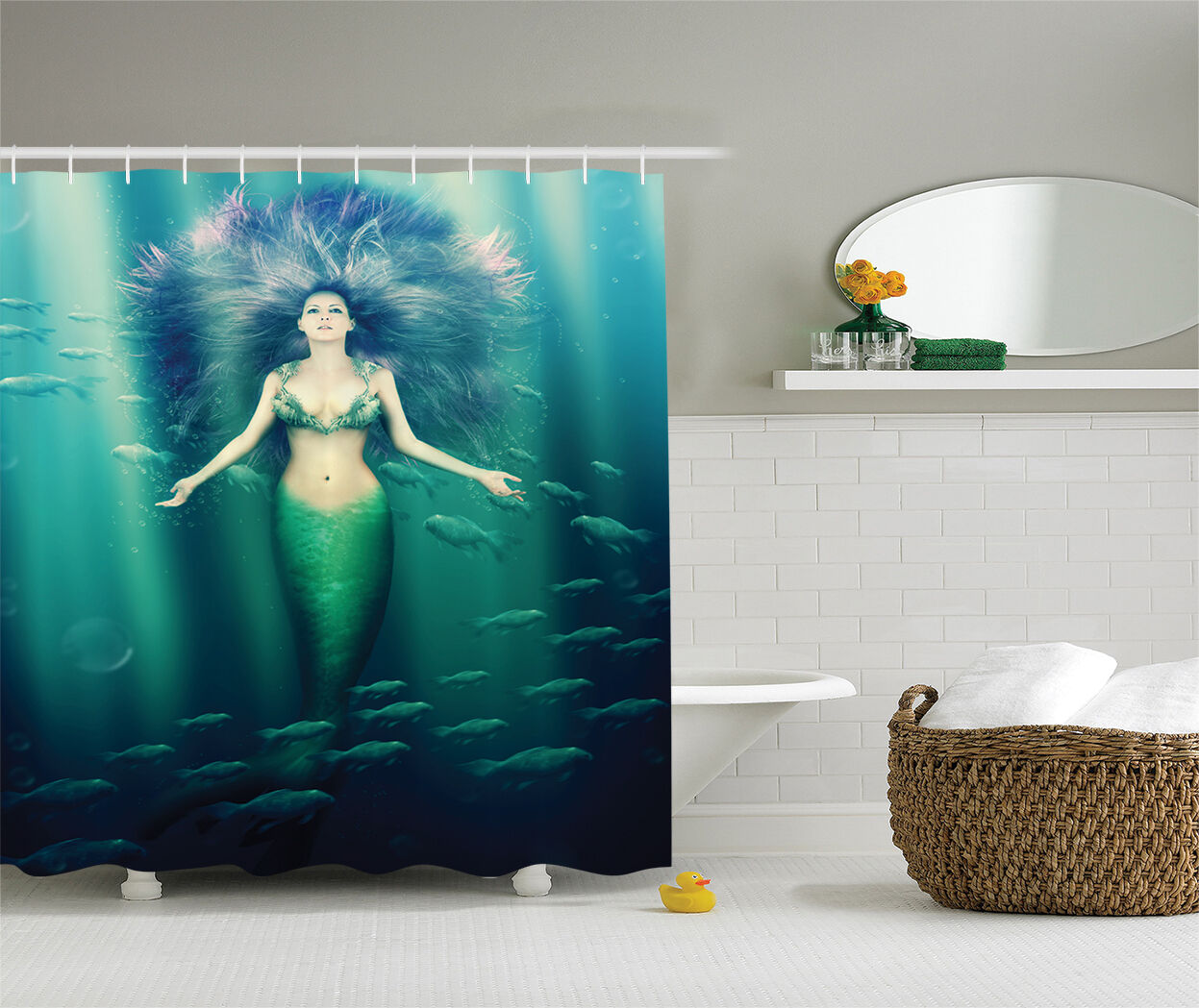 Majestic Mermaid and Sunfish Shower Curtain with Underwater World Print