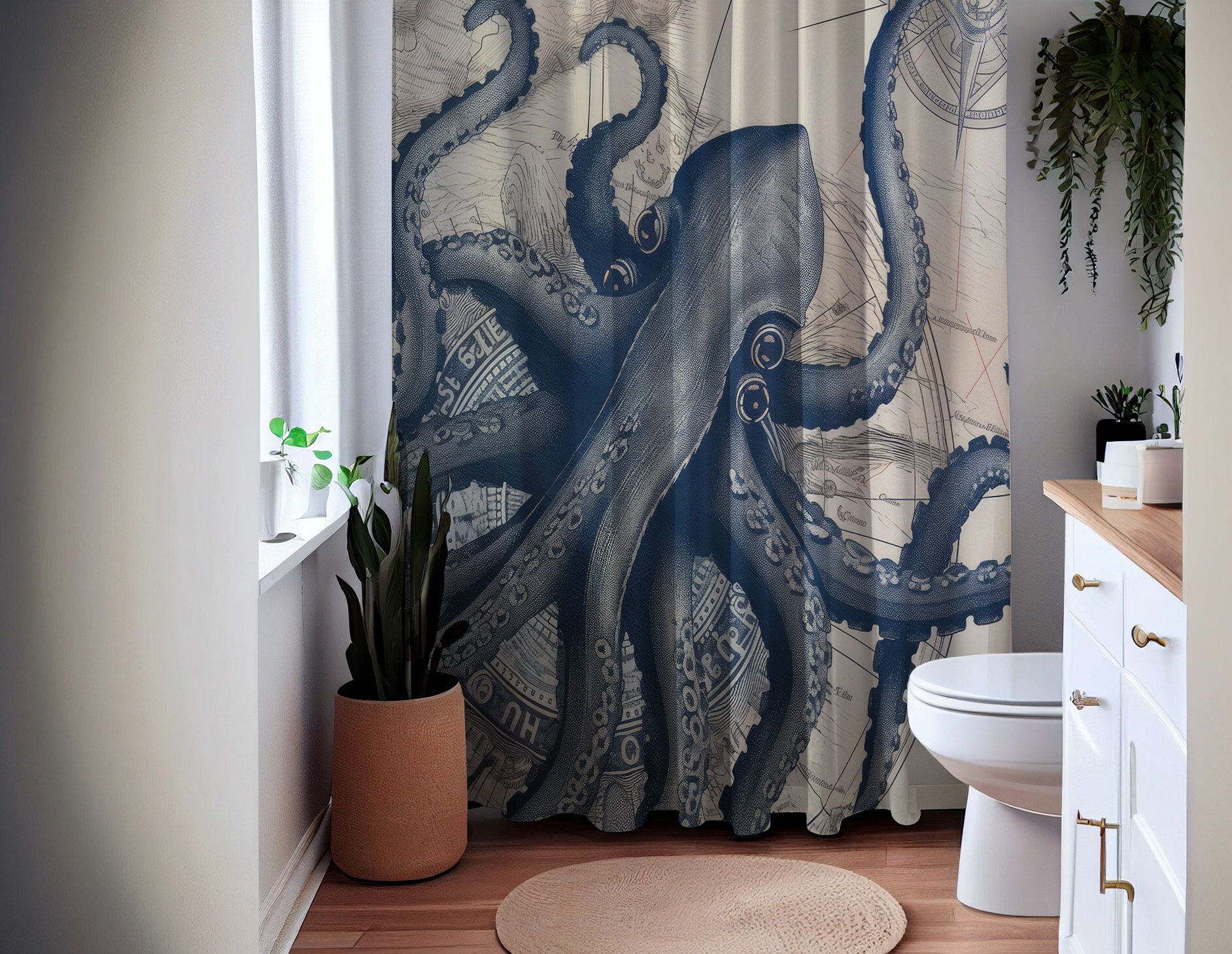 Majestic Octopus Sea Monster Shower Curtain, Nautical Bathroom Decor