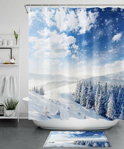 Majestic Snow Forest Shower Curtain with Winter Scenery and Snowflakes