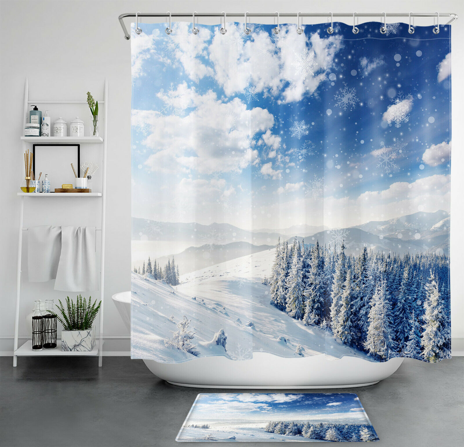 Majestic Snow Forest Shower Curtain with Winter Scenery and Snowflakes
