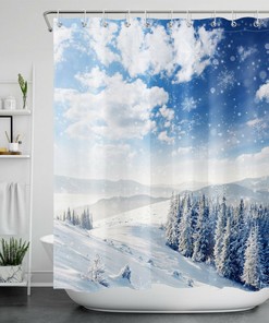 Majestic Snow Forest Shower Curtain with Winter Scenery and Snowflakes