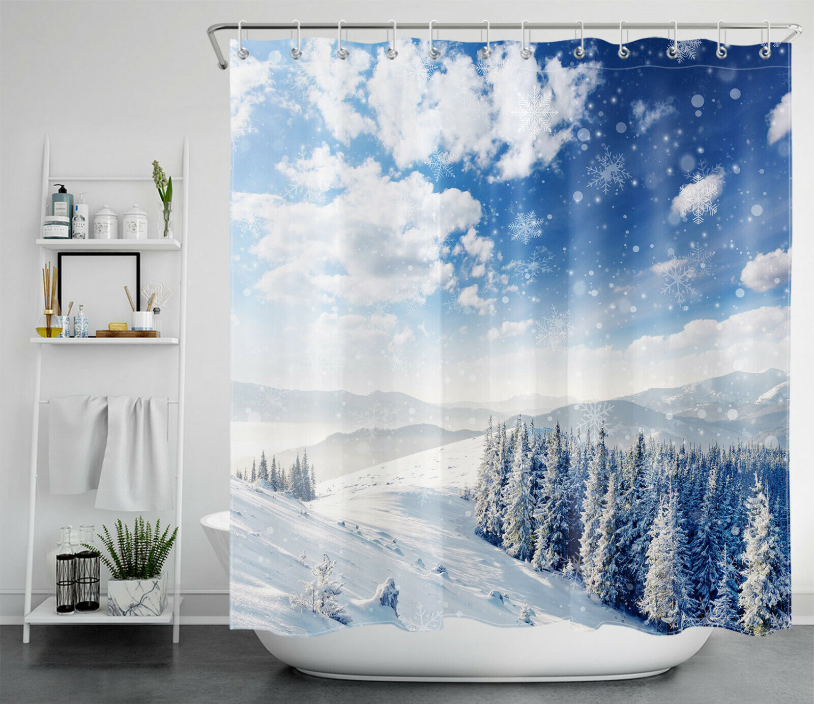 Majestic Snow Forest Shower Curtain with Winter Scenery and Snowflakes