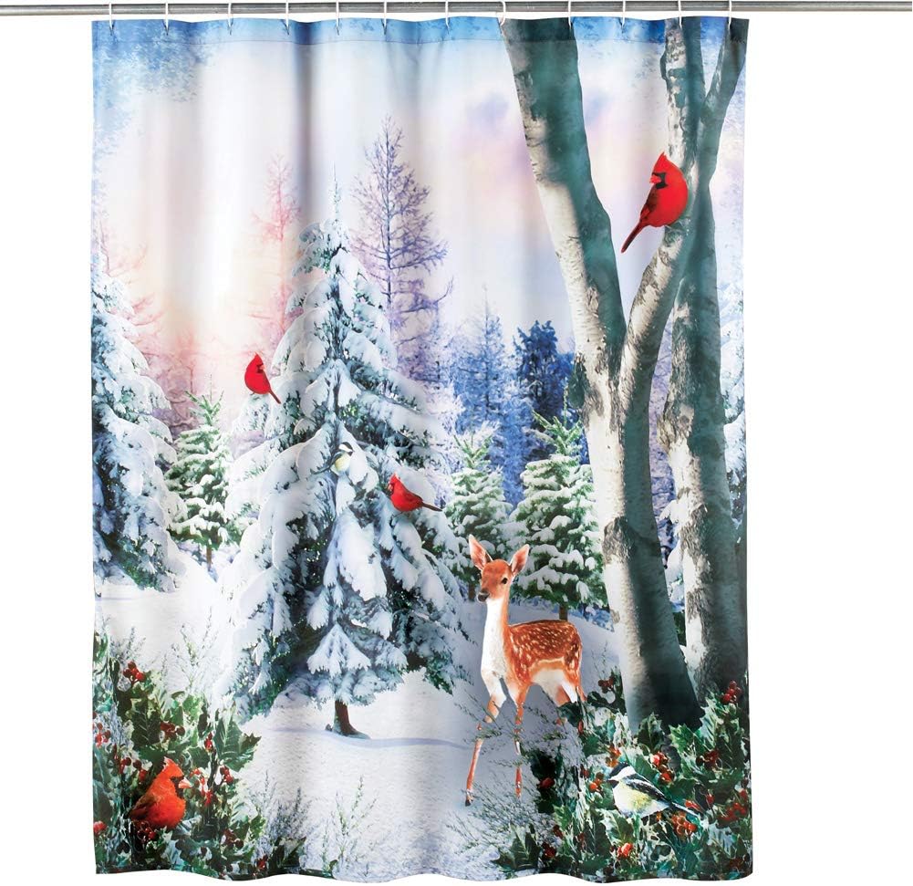 Majestic Winter Woodlands, Cardinals And Deer Shower Curtain By Collections Etc For Nature Lovers