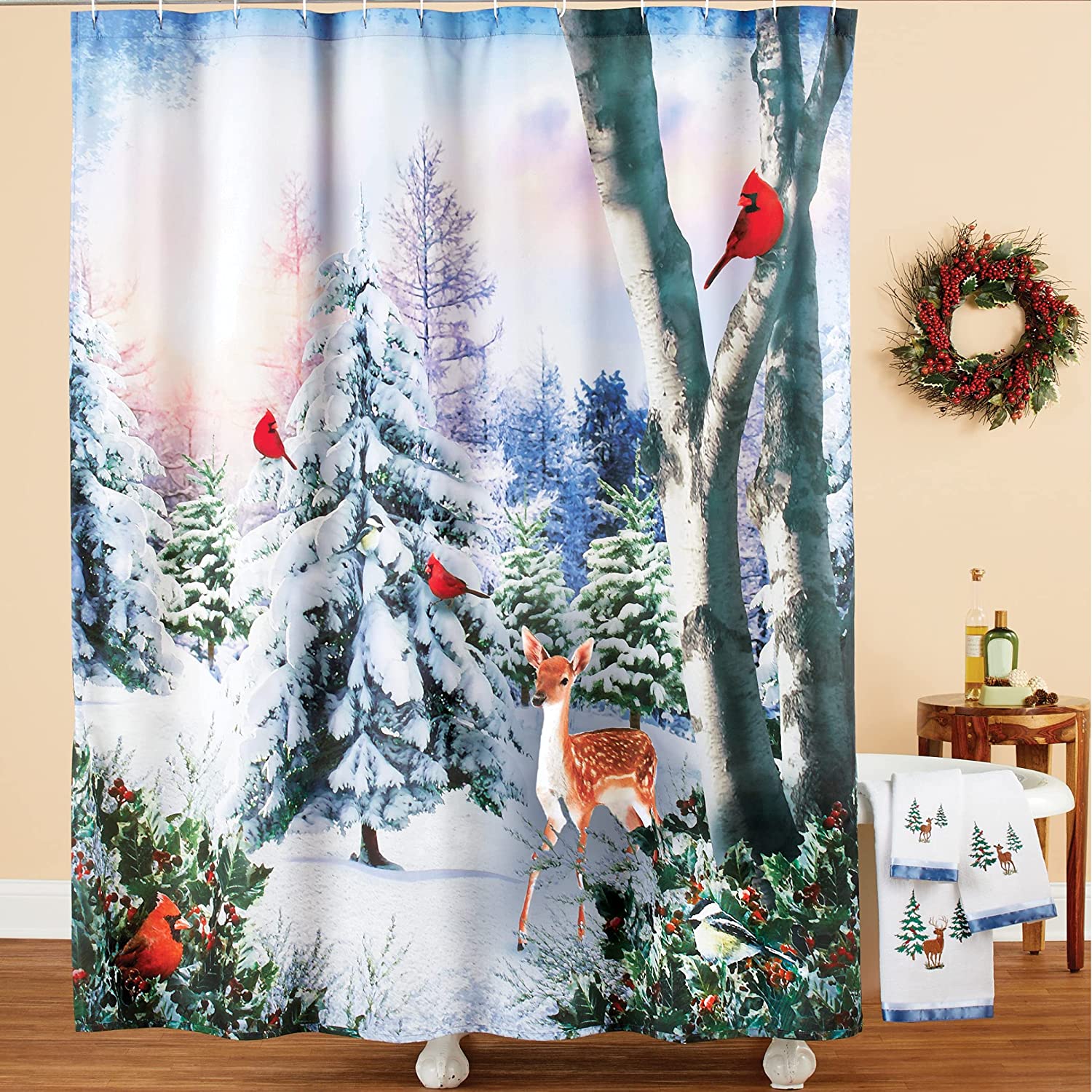 Majestic Winter Woodlands, Cardinals And Deer Shower Curtain By Collections Etc For Nature Lovers - Image 2