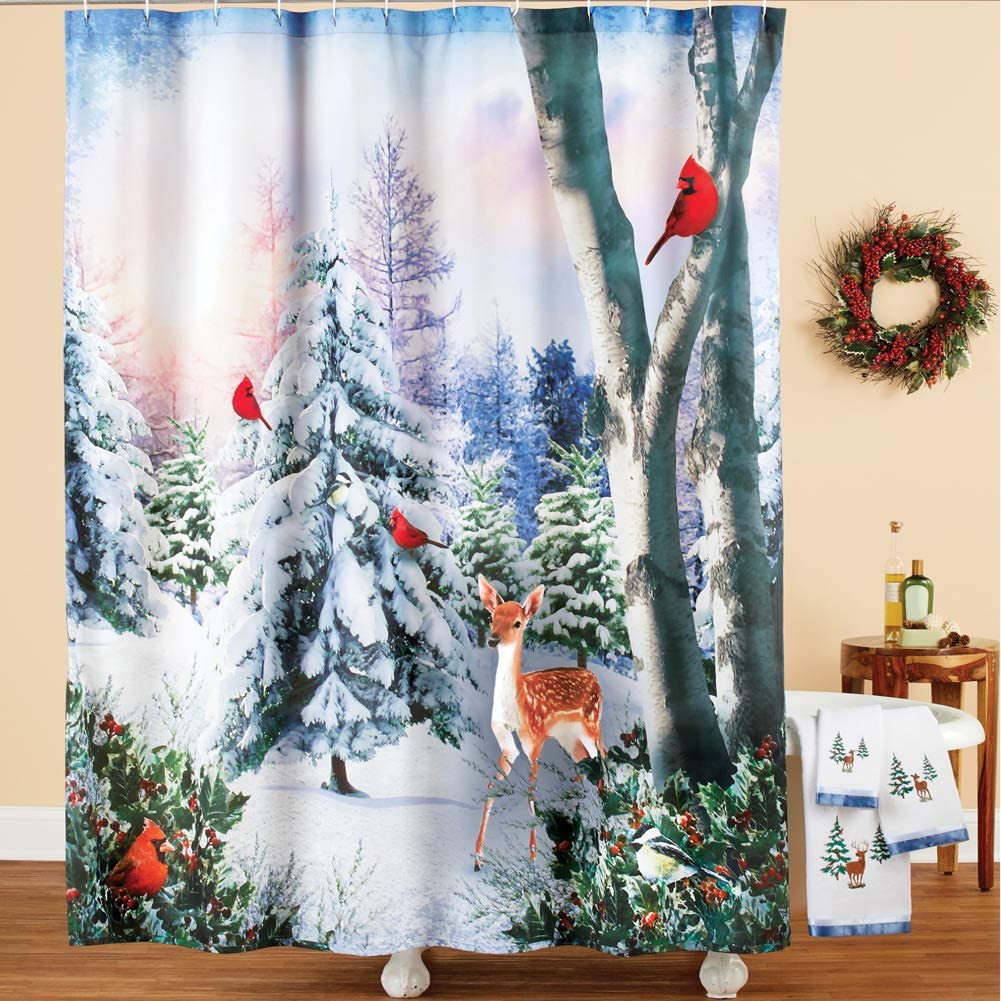 Majestic Winter Woodlands, Cardinals And Deer Shower Curtain By Collections Etc For Nature Lovers - Image 3